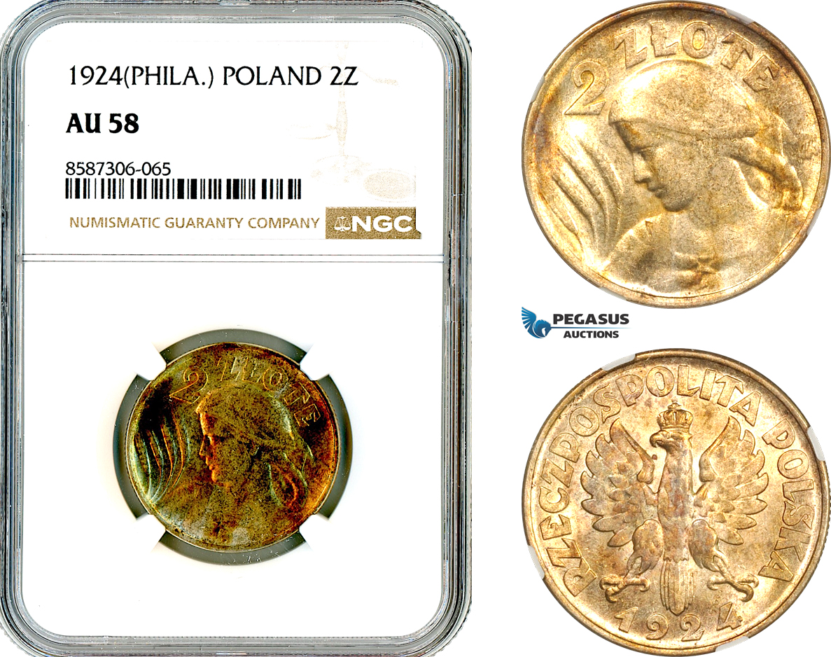 AL599, Poland, 2 Zlote 1924, Philadelphia Mint, Silver, NGC AU58