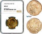 AL601, Poland, 5 Zlotych 1933, Warsaw Mint, Silver, NGC MS62