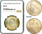 AL603, Poland, 10 Zlotych 1932, London Mint, Silver, NGC MS62