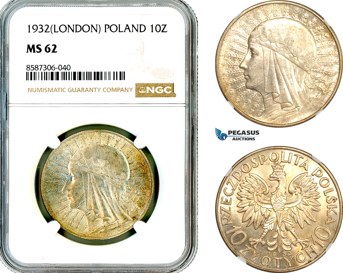 AL603, Poland, 10 Zlotych 1932, London Mint, Silver, NGC MS62