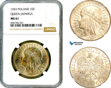 AL604, Poland, 10 Zlotych 1933, Queen Jadwiga, Silver, NGC MS61