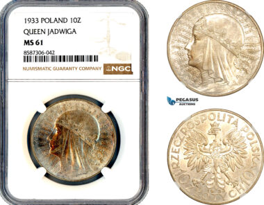 AL605, Poland, 10 Zlotych 1933, Queen Jadwiga, Silver, NGC MS61