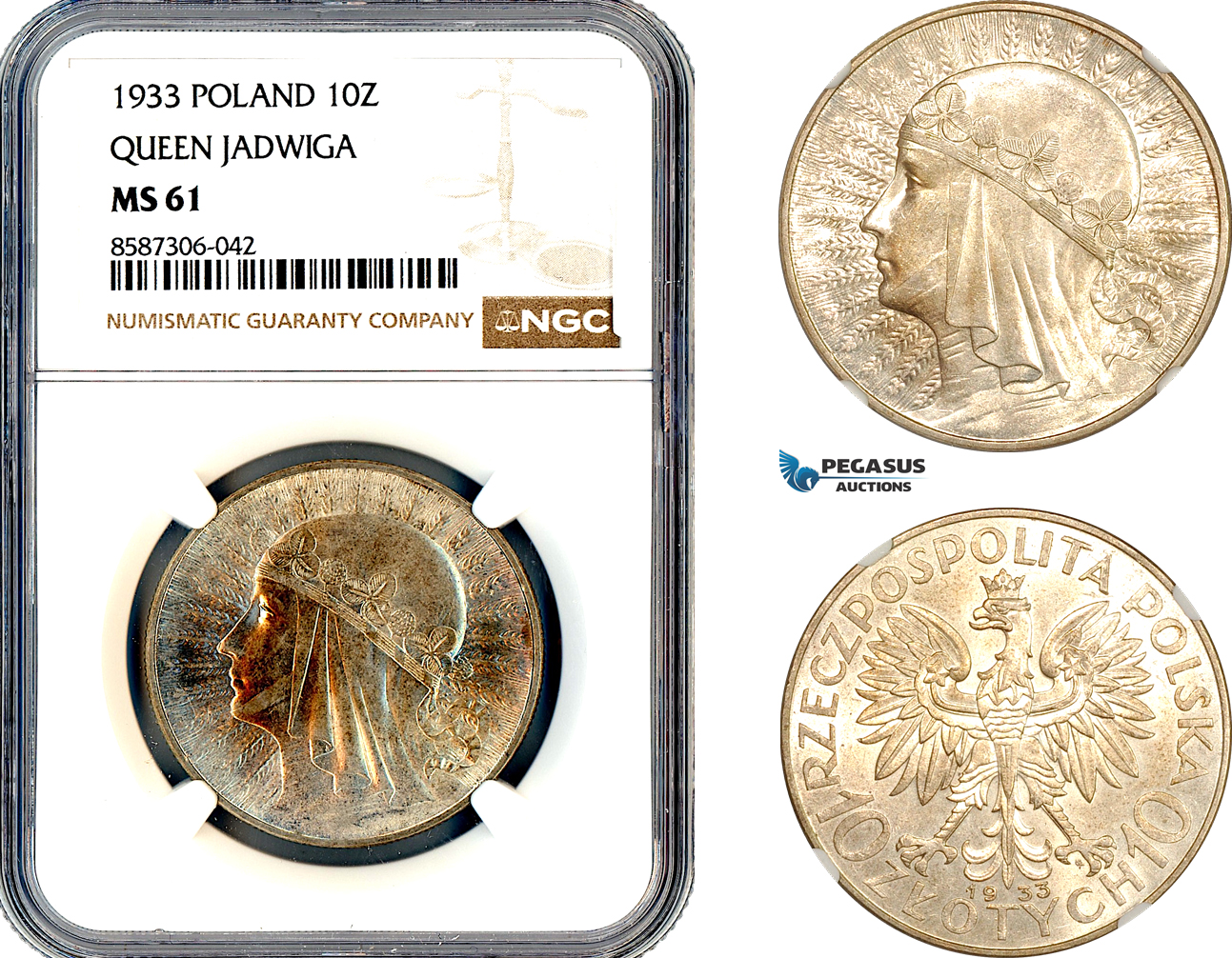 AL605, Poland, 10 Zlotych 1933, Queen Jadwiga, Silver, NGC MS61