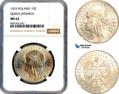 AL606, Poland, 10 Zlotych 1933, Queen Jadwiga, Silver, NGC MS62