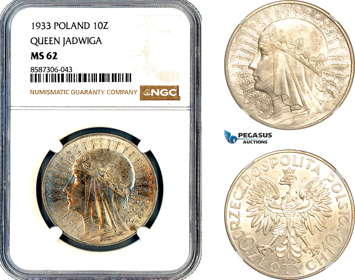 AL606, Poland, 10 Zlotych 1933, Queen Jadwiga, Silver, NGC MS62