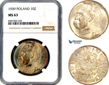 AL607, Poland, 10 Zlotych 1939, Warsaw Mint, Jozef Pilsudski, Silver, NGC MS63