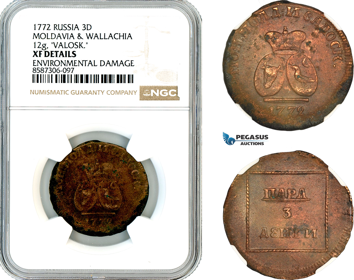 AL608, Russia, Moldavia & Wallachia, Para/3 Dengi 1772, Sadogura Mint, NGC XF Details