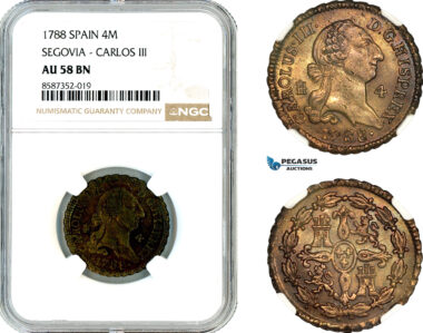 AL614, Spain, Charles III, 4 Maravedis 1788, Segovia Mint, NGC AU58BN