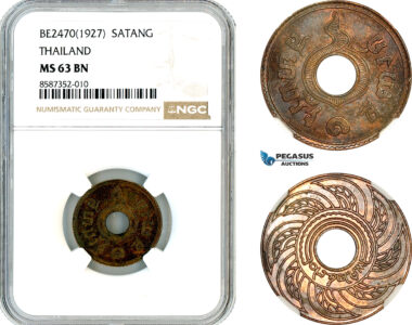 AL615, Thailand, Rama VII, 1 Satang BE2470 (1927), Osaka Mint, NGC MS63BN, Top Pop and single finest graded!