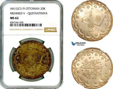 AL617, Turkey, Ottoman Empire, Mehmed V, 20 Kurush AH1327//9, Konstantiniye Mint, Silver, NGC MS62