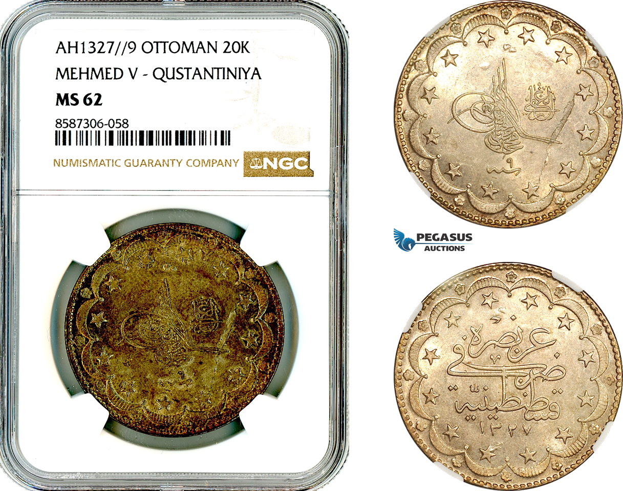 AL617, Turkey, Ottoman Empire, Mehmed V, 20 Kurush AH1327//9, Konstantiniye Mint, Silver, NGC MS62