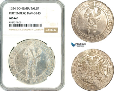 AL623, Austria, Bohemia, Ferdinand II, Taler 1624, Kuttenberg Mint, Dav-3143, Silver, NGC MS62, Top Pop and single finest graded!