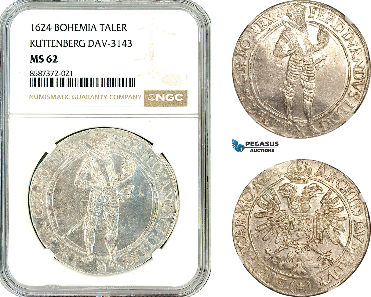 AL623, Austria, Bohemia, Ferdinand II, Taler 1624, Kuttenberg Mint, Dav-3143, Silver, NGC MS62, Top Pop and single finest graded!