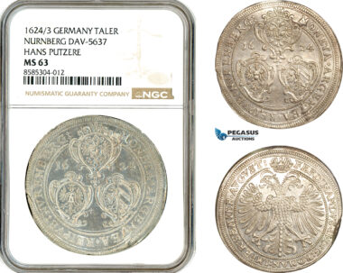 AL624, Germany, Nurnberg, Ferdinand II, Taler 1624/3, Silver, Dav-5637, NGC MS63, Top Pop and single finest graded