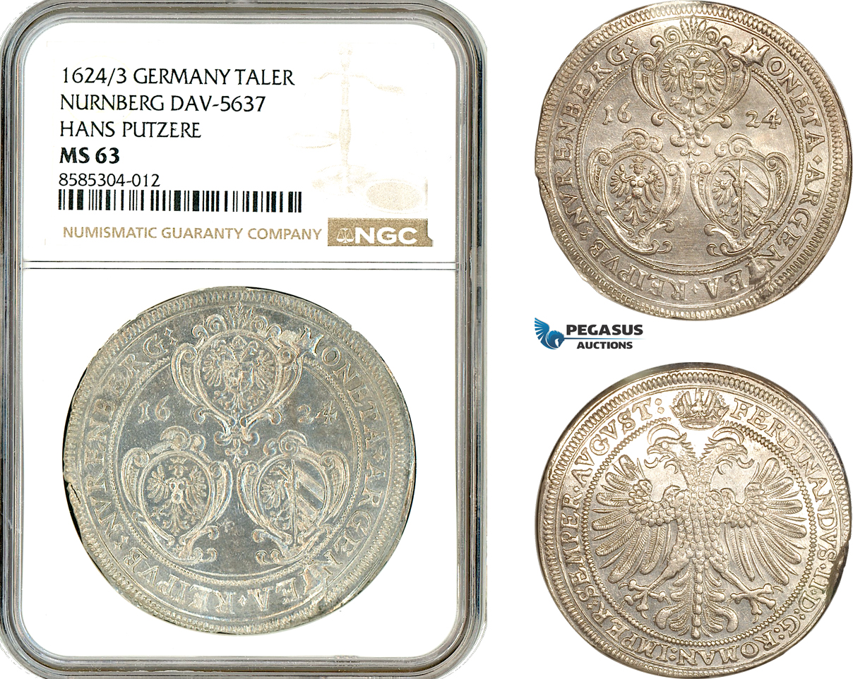 AL624, Germany, Nurnberg, Ferdinand II, Taler 1624/3, Silver, Dav-5637, NGC MS63, Top Pop and single finest graded