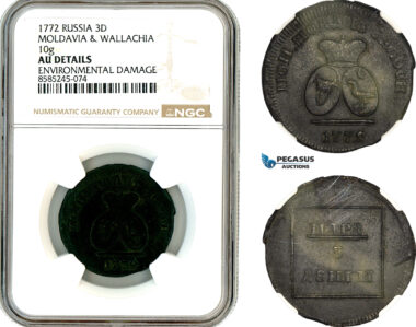 AL625, Russia, Moldavia & Wallachia, Para/3 Dengi 1772, Sadogura Mint, NGC AU Details
