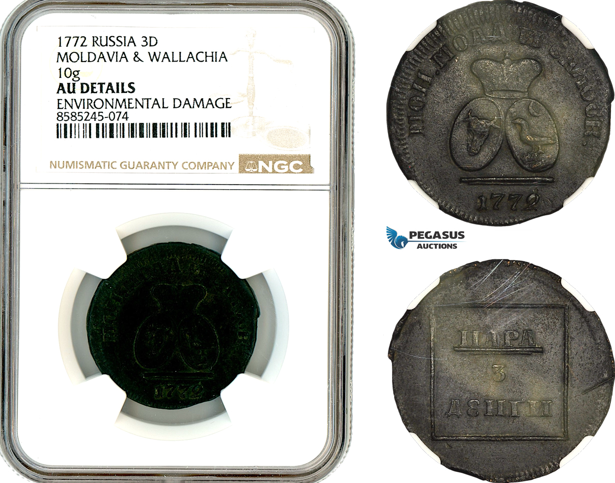 AL625, Russia, Moldavia & Wallachia, Para/3 Dengi 1772, Sadogura Mint, NGC AU Details