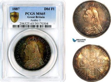 AL628, Great Britain, Victoria, "Golden Jubilee" Double-Florin 1887, Arabic 1, London Mint, Silver, PCGS MS65