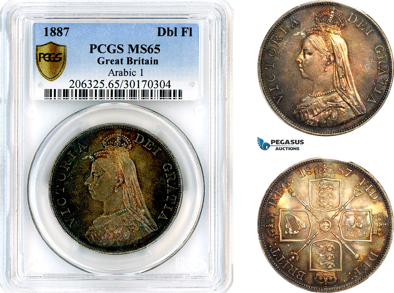 AL628, Great Britain, Victoria, "Golden Jubilee" Double-Florin 1887, Arabic 1, London Mint, Silver, PCGS MS65