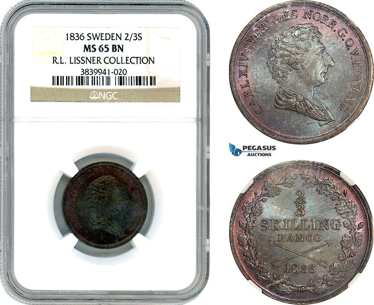 AI736, Sweden, Carl XIV, 2/3 Skilling 1836, Stockholm Mint, NGC MS65BN, Ex. Lissner Collection
