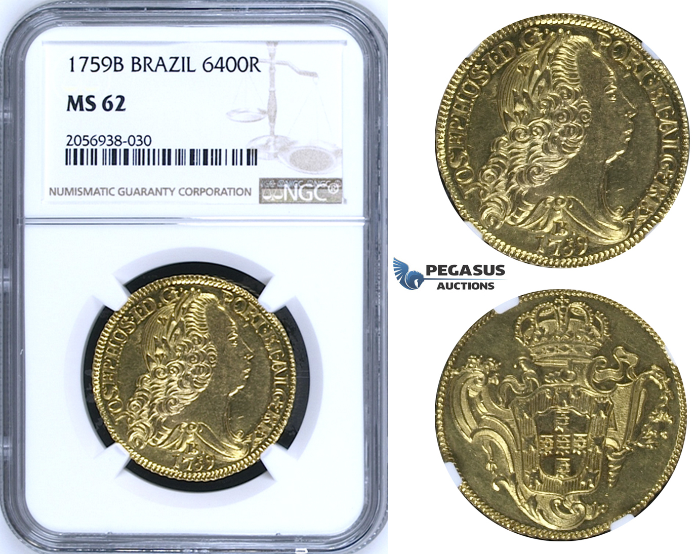 ZM22, Brazil, Jose I, 6400 Reis (Peça) 1759-B, Bahia, Gold, NGC MS62