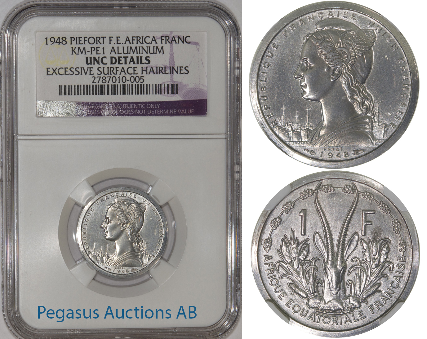 A10, French East Africa, Piefort Franc 1948, Aluminium (KM-PE1) 104 Struck, NGC UNC