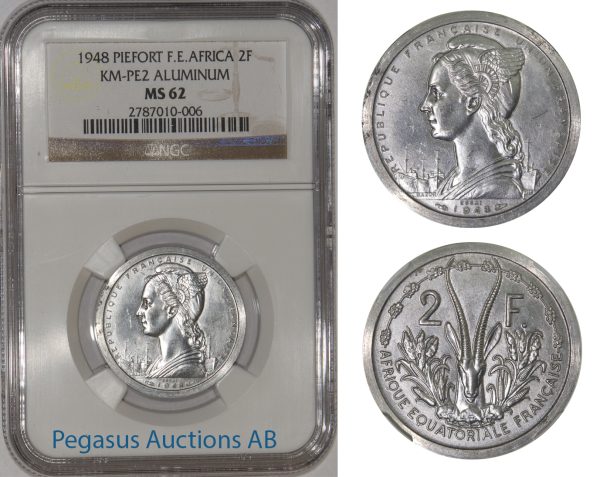 A11, French East Africa, Piefort 2 Fr 1948, Aluminium (KM-PE2) 104 Struck, NGC MS62