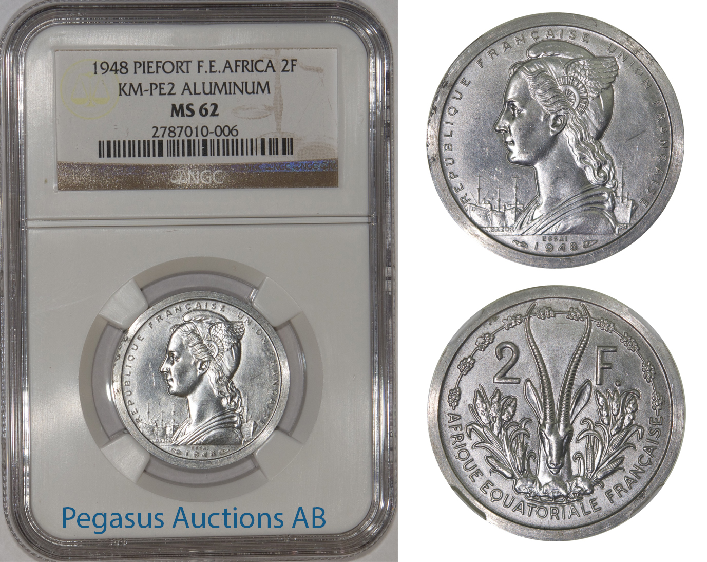 A11, French East Africa, Piefort 2 Fr 1948, Aluminium (KM-PE2) 104 Struck, NGC MS62