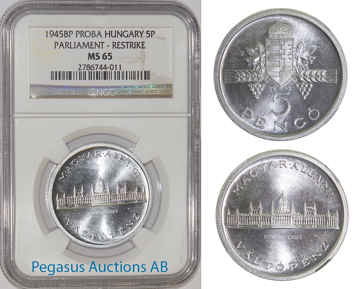 A21, Hungary, Pattern 5 Pengö 1945, Restrike, Rare! NGC MS65