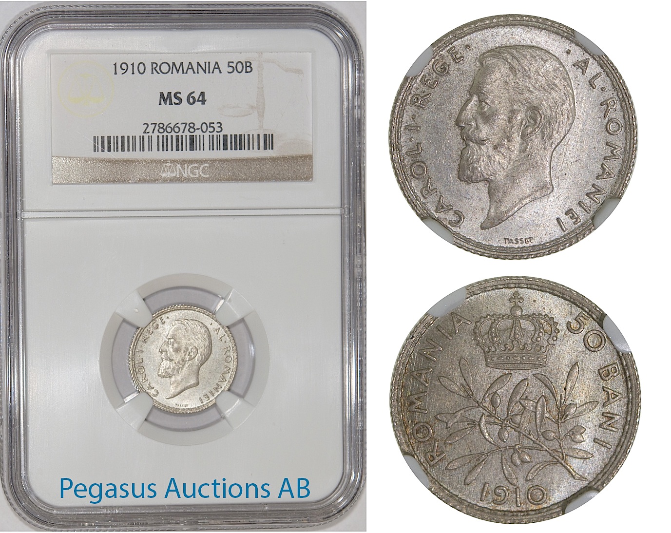 A25, Romania, Carol I, 50 Bani 1910, Silver, NGC MS64