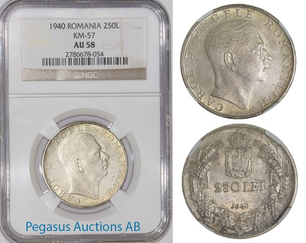 A28, Romania, Carol II, 250 Lei 1940, Silver, NGC AU58