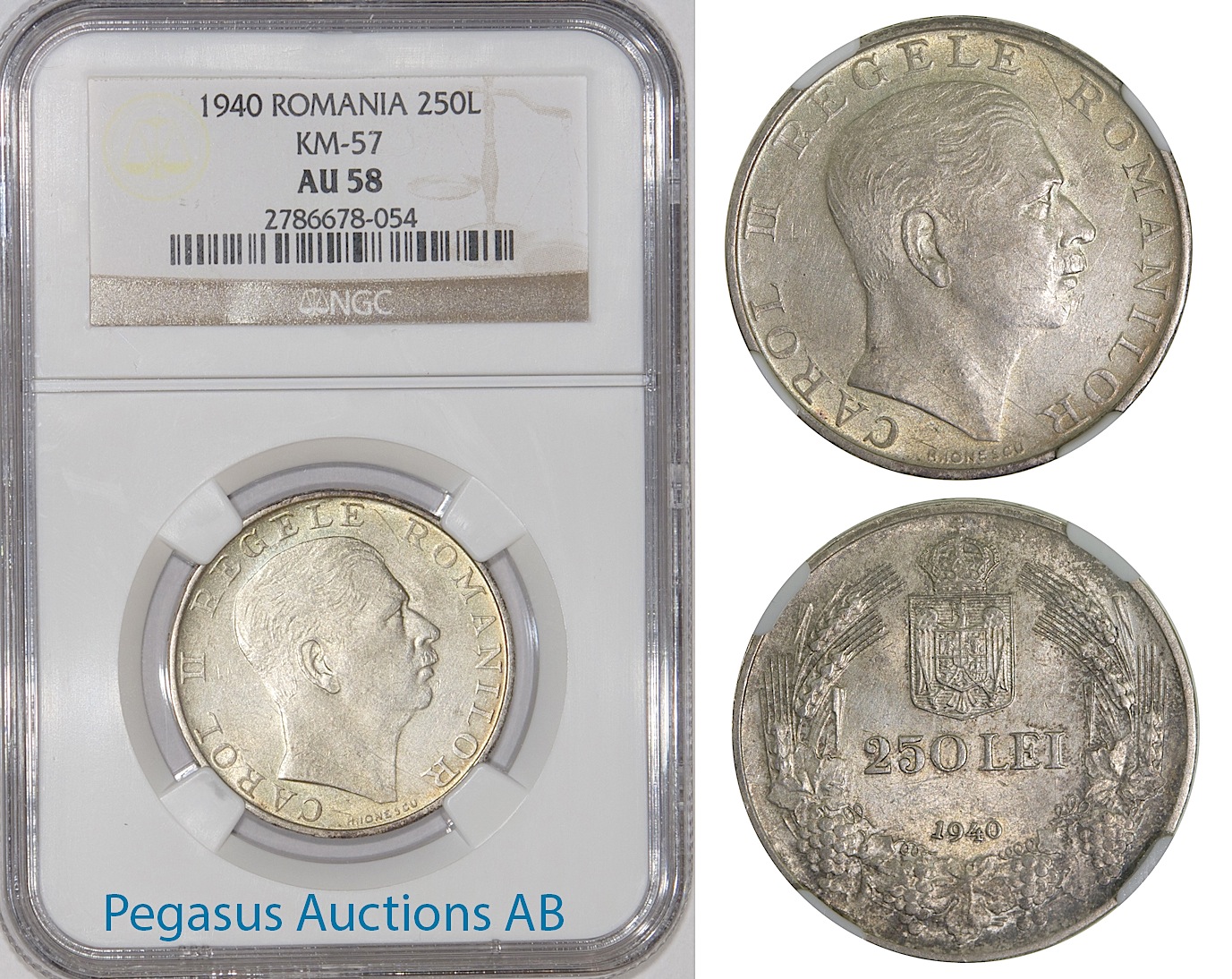 A28, Romania, Carol II, 250 Lei 1940, Silver, NGC AU58