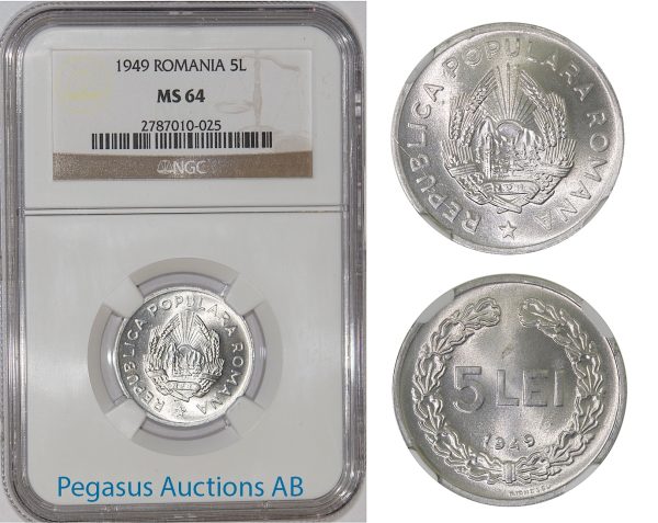 A29, Romania, Peoples Republic, 5 Lei 1949, NGC MS64