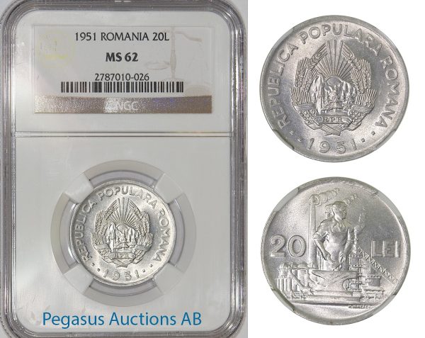 A30, Romania, Peoples Republic, 20 Lei 1951, NGC MS62