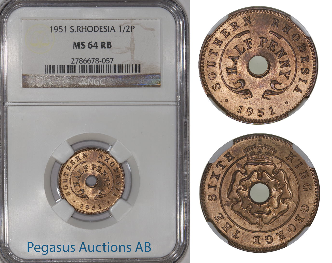 A34, Southern Rhodesia (Zimbabwe) 1/2 Penny 1951, NGC MS64RB