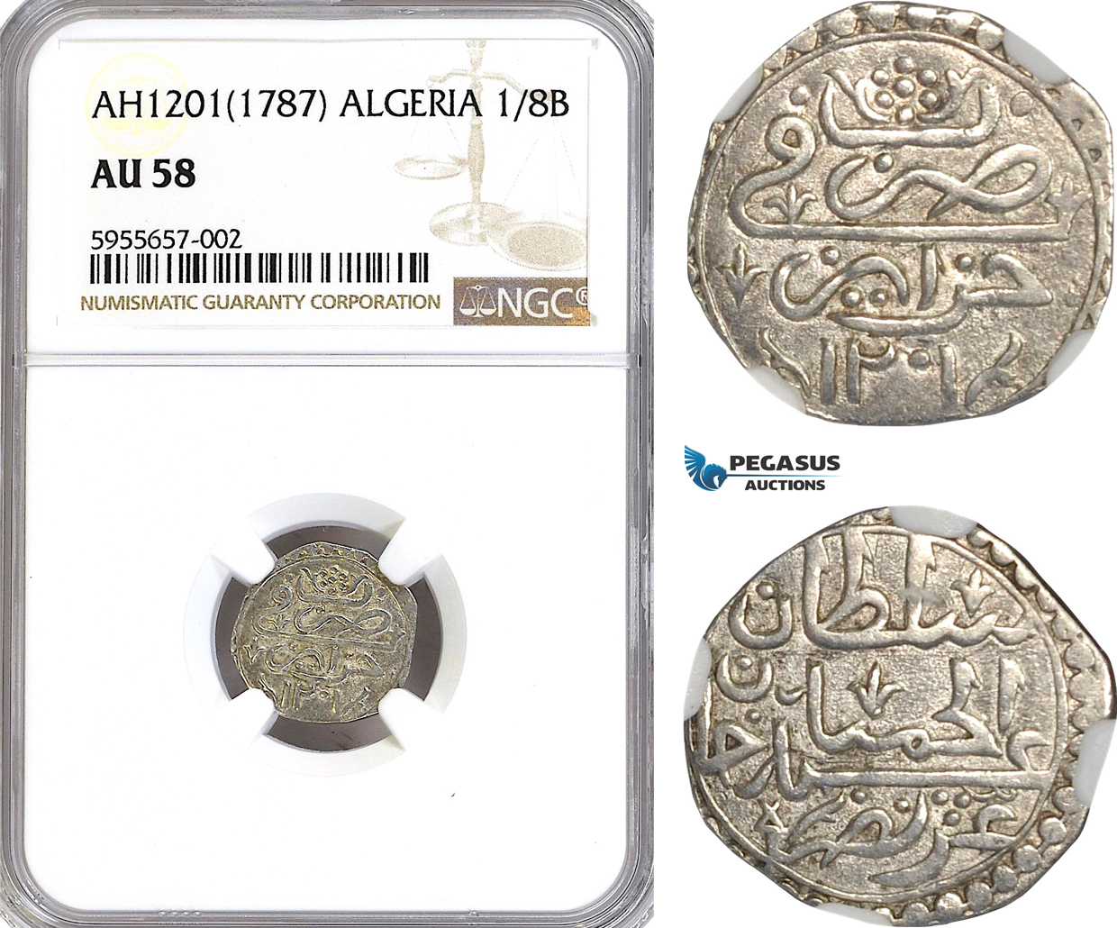 A5/2 Algeria, Abdul Hamid I, 1/8 Budju AH1201 (1787) Silver, KM# 35, NGC AU58