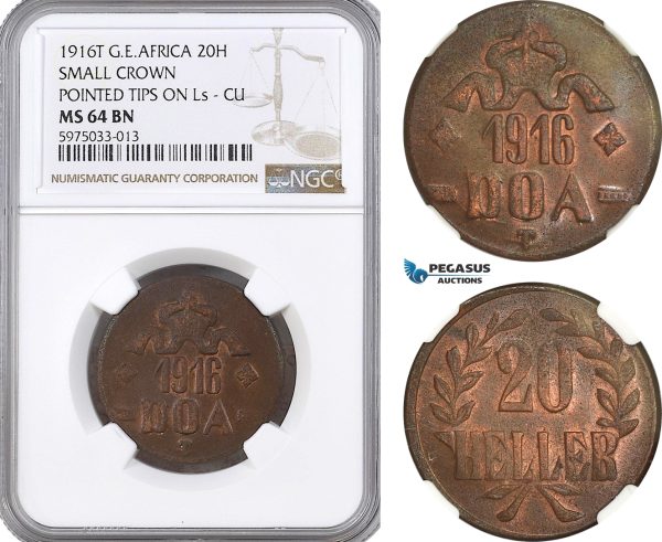 A5/427 German East Africa (DOA) 20 Heller 1916 T, Tabora Mint, Small Crown, Pointed Tips on Ls, KM# 15, NGC MS64BN