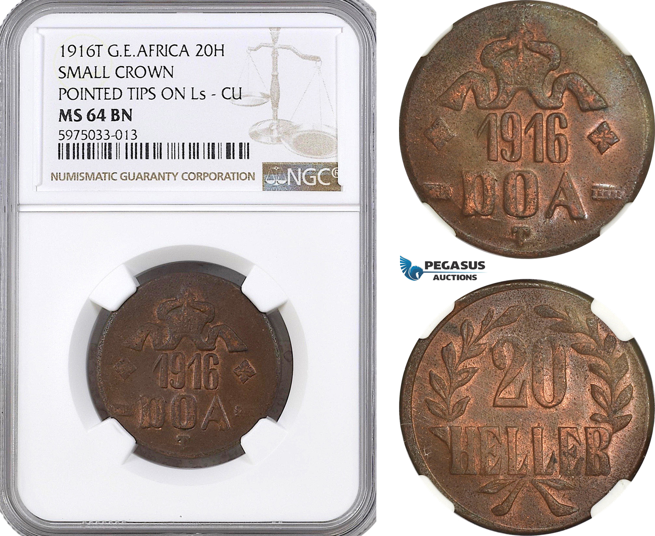 A5/427 German East Africa (DOA) 20 Heller 1916 T, Tabora Mint, Small Crown, Pointed Tips on Ls, KM# 15, NGC MS64BN