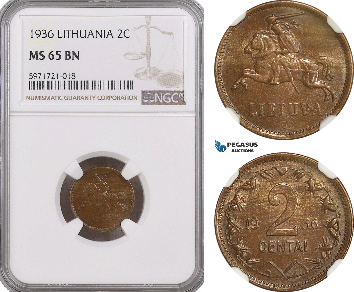 A5/599 Lithuania, 2 Centai 1936, KM# 80, NGC MS65BN