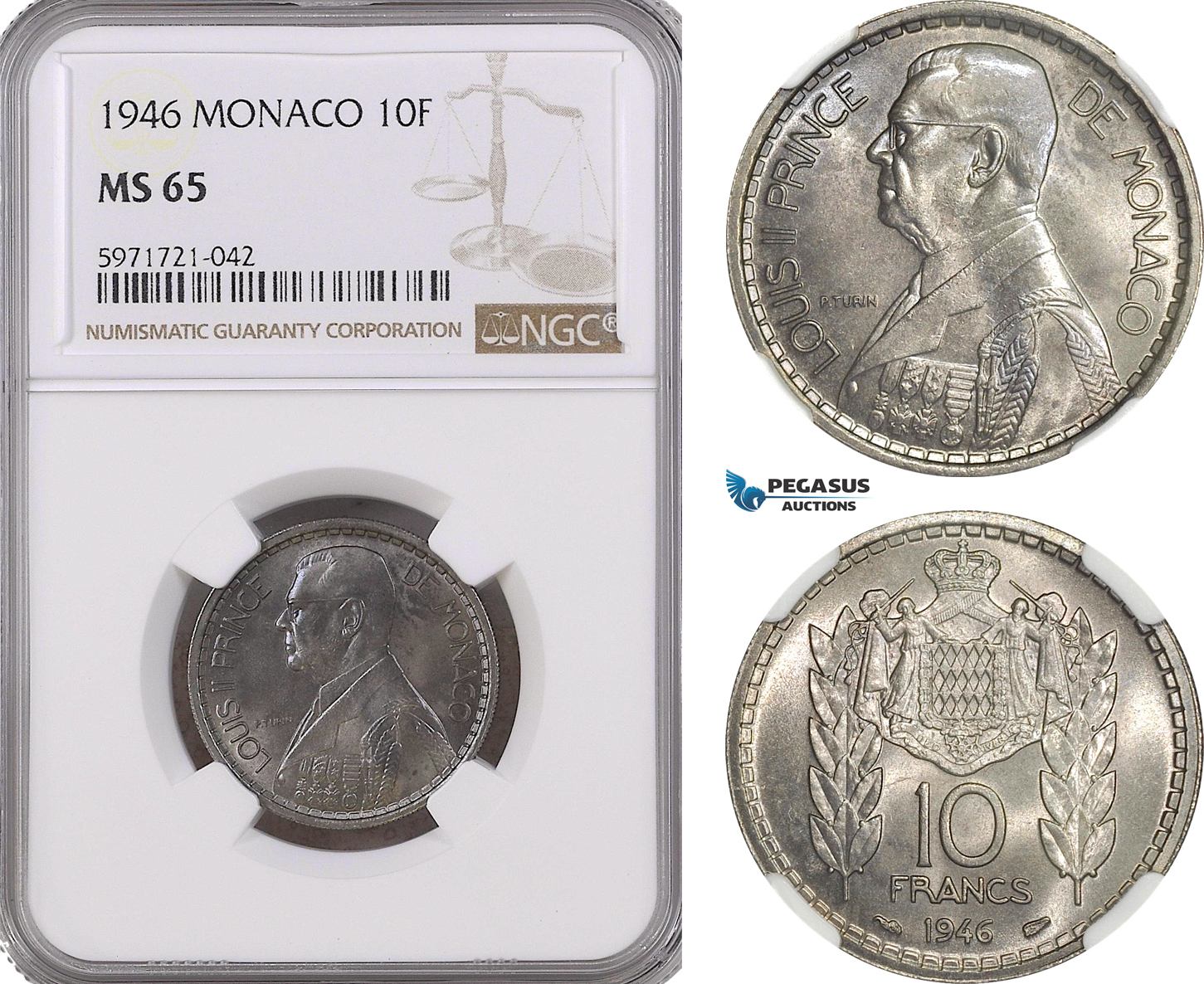 A5/622 Monaco, Louis II, 10 Francs 1946, KM# 123, NGC MS65, Top Pop! (Highest graded)