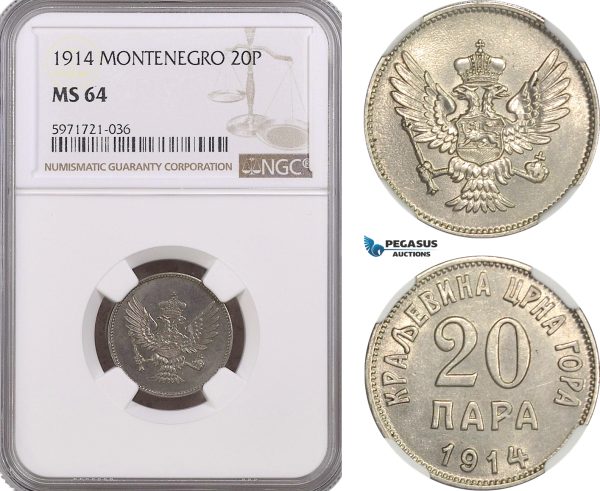 A5/630 Montenegro, Nikola I, 20 Para 1914, Vienna Mint, KM# 19, NGC MS64