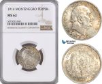 A5/633 Montenegro, Nicholas I, 1 Perper 1914, Vienna Mint, Silver, KM# 14, NGC MS62, Multicolor toning!