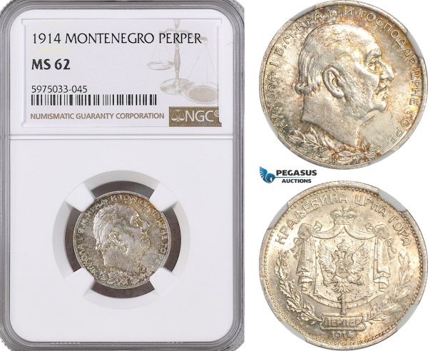 A5/633 Montenegro, Nicholas I, 1 Perper 1914, Vienna Mint, Silver, KM# 14, NGC MS62, Multicolor toning!