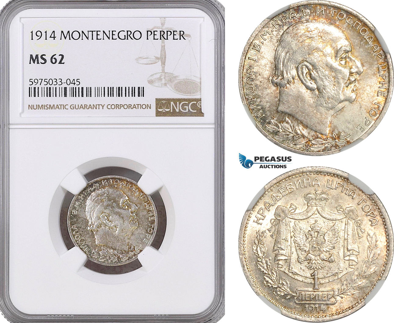 A5/633 Montenegro, Nicholas I, 1 Perper 1914, Vienna Mint, Silver, KM# 14, NGC MS62, Multicolor toning!