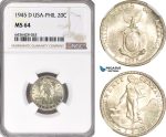 A5/719 Philippines (US Administration) 20 Centavos 1945 D, Denver Mint, Silver, KM# 182, NGC MS64