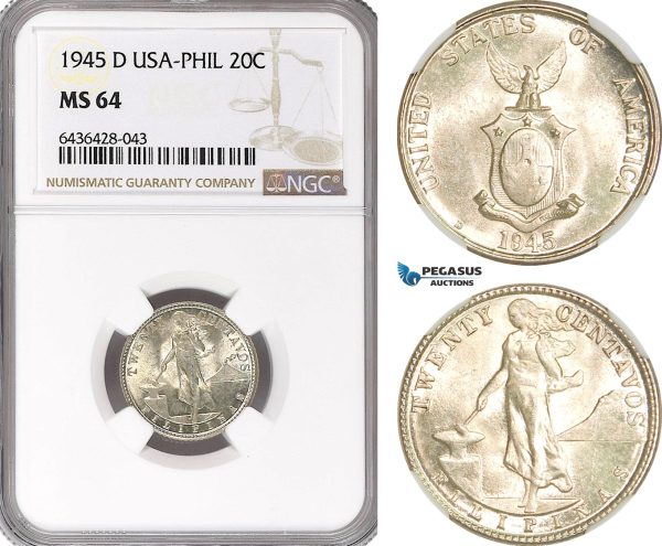 A5/719 Philippines (US Administration) 20 Centavos 1945 D, Denver Mint, Silver, KM# 182, NGC MS64