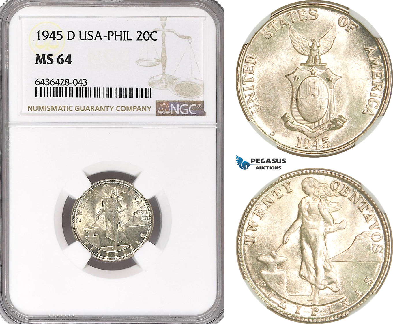 A5/719 Philippines (US Administration) 20 Centavos 1945 D, Denver Mint, Silver, KM# 182, NGC MS64