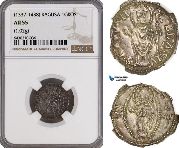 A5/770 Ragusa (Dubrovnik) 1 Gros (1337-1438) Silver, CNI 24 var., NGC AU55, Cabinet toning!