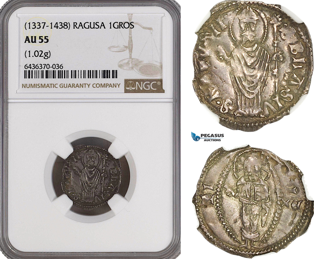 A5/770 Ragusa (Dubrovnik) 1 Gros (1337-1438) Silver, CNI 24 var., NGC AU55, Cabinet toning!
