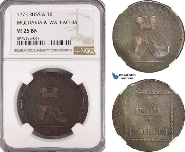 A5/877 Russia, Moldavia & Wallachia, 2 Para / 3 Kopeks 1773, Sadogura, KM C# 3, NGC VF25BN